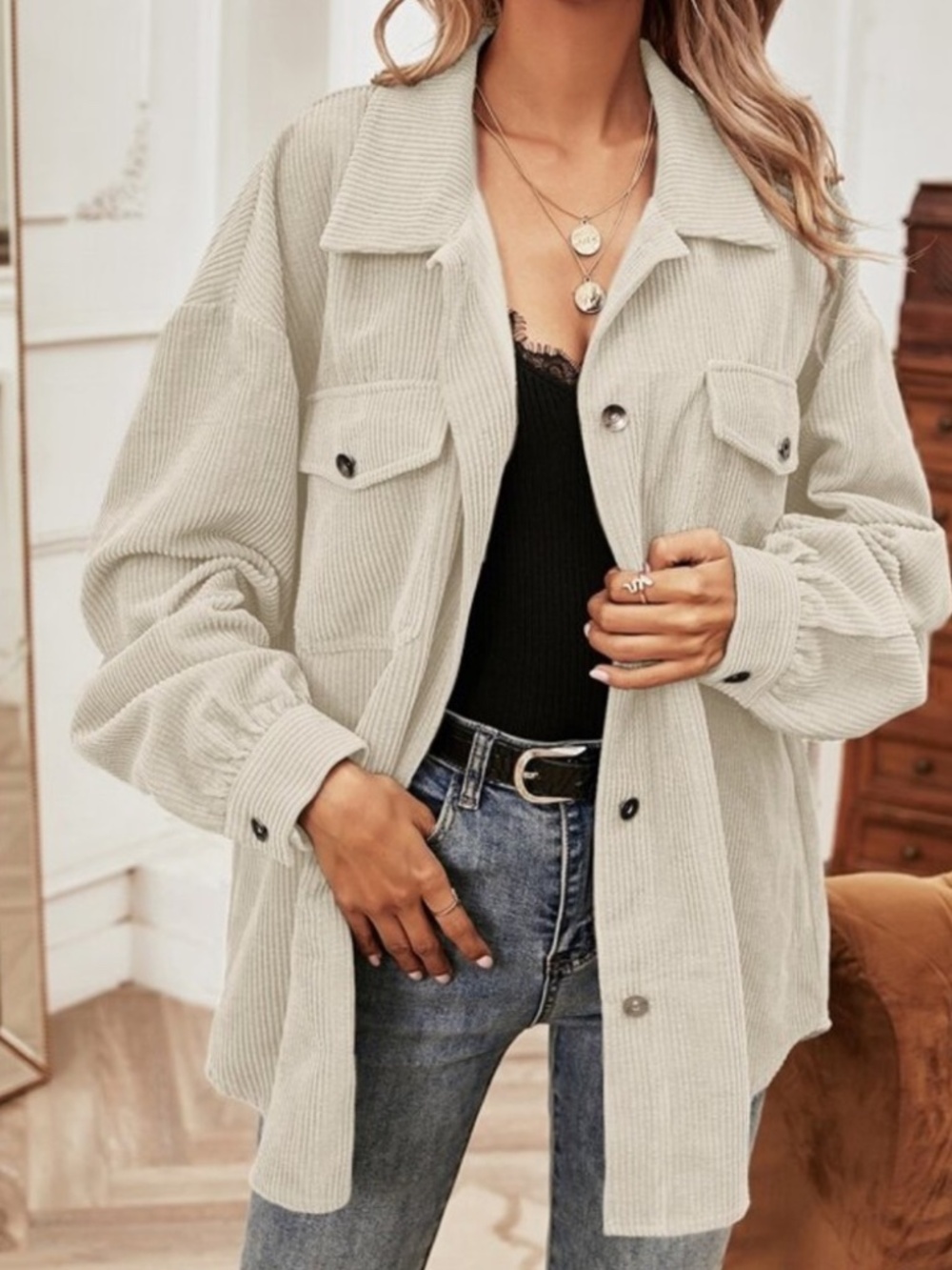 SHEIN Cream Ribbed Corduroy Top Jacket Shacket M